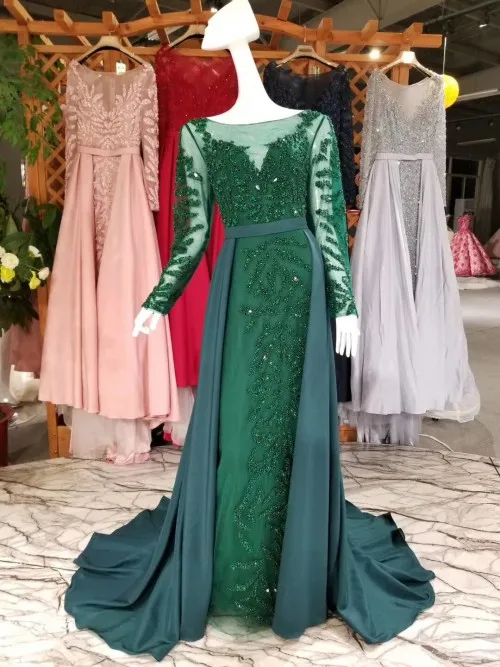 emerald green CloverBridal, высокое качество, длинные рукава, розовое, темно-синее, серебряное, красное, роскошное, с бисером, вечернее платье с длинным шлейфом - Цвет: emerald green