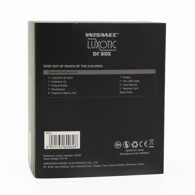 Электронная сигарета Wismec Luxotic DF Box 200 Вт TC Kit MOD с гильотинной V2 RDA 7 мл бутылка Squonker