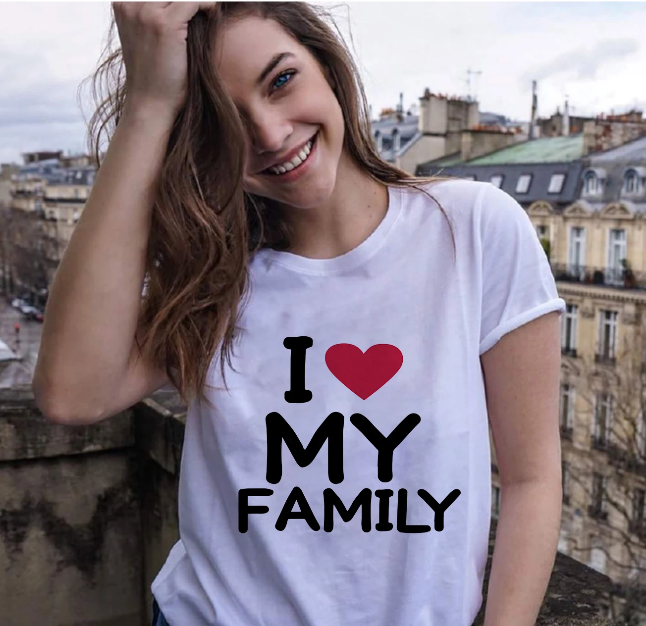 Женская футболка с принтом I Love My Family Happy Повседневная короткими рукавами большие