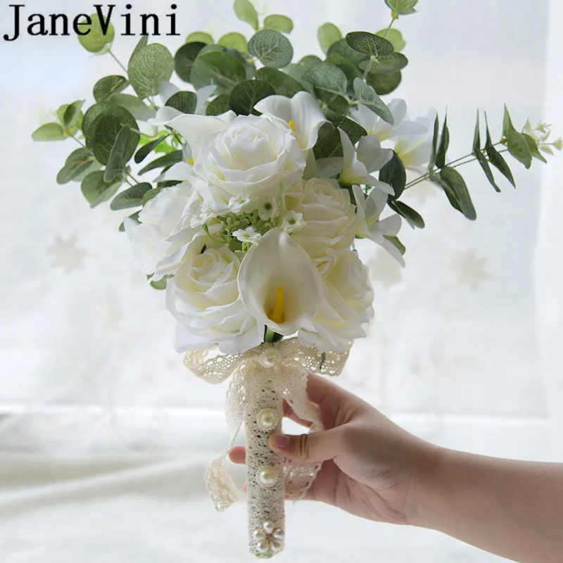 

JaneVini Artificial Green Eucalyptus Leaves Bridesmaid Bouquet White Rose Calla Lily Bridal Brooch Bouquet Pearl Wedding Flowers