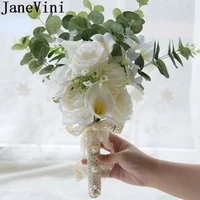 janevini artificial green eucalyptus leaves bridesmaid bouquet white rose calla lily bridal brooch bouquet pearl wedding flowers