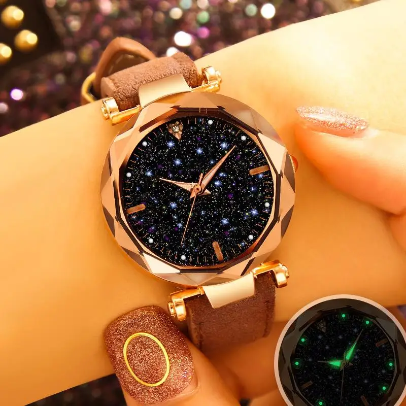 Звездное небо женские часы люксовый бренд зеленый кожаный ремешок из