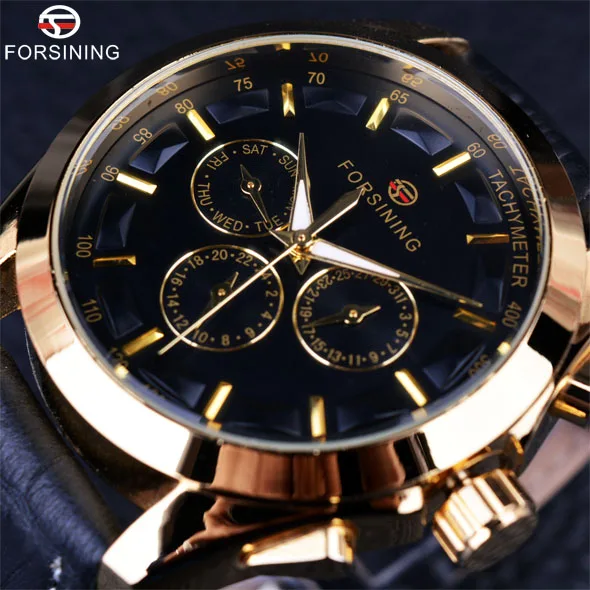 Black Golden Forsining Классическая серия черный ремешок из натуральной кожи 3 циферблата 6 стрелок мужские часы лучший бренд класса люкс автоматические механические часы - Цвет: Black Golden