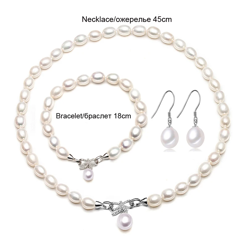 White 45cm 18cm Красивый настоящий натуральный набор из ожерелья и сережек, женский браслет, цветной 925 Серебряный свадебный ювелирный набор, жемчужный юбилей - Цвет камня: White 45cm 18cm