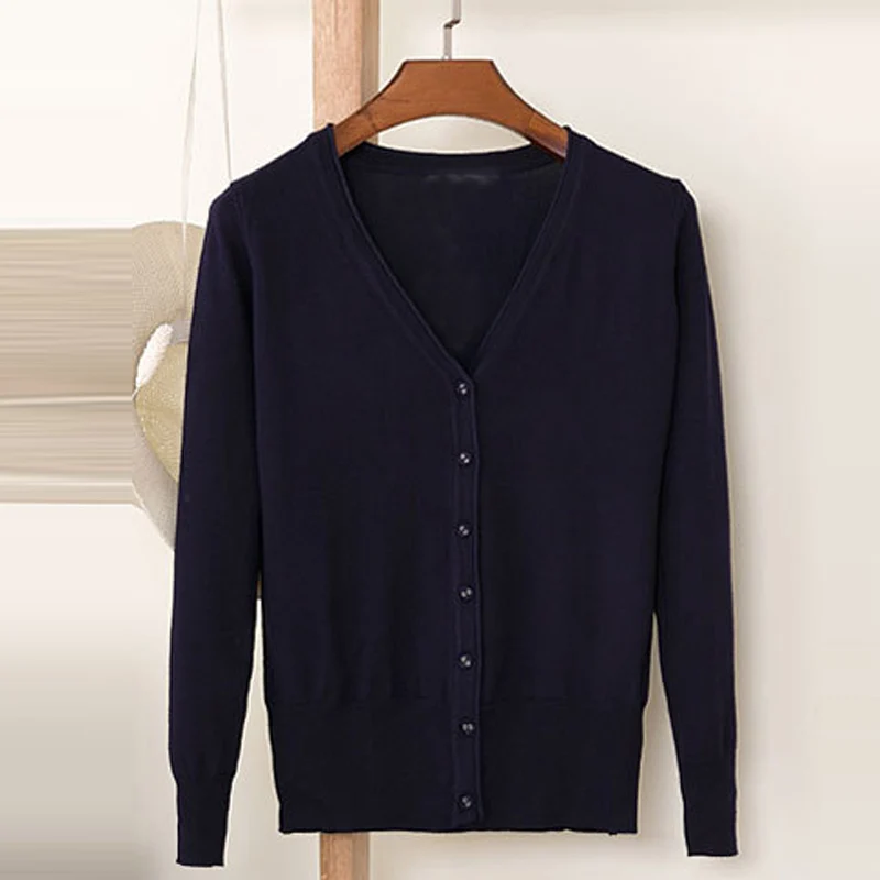 Navy blue Осенний женский свободный свитер ярких цветов с v-образным вырезом и длинным рукавом, короткий свитер, рубашка, женский весенний тонкий вязаный кардиган K176 - Цвет: Navy blue