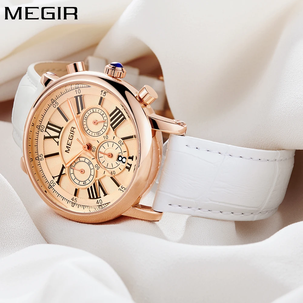 Часы MEGIR женские с хронографом люксовые брендовые модные наручные из белой кожи