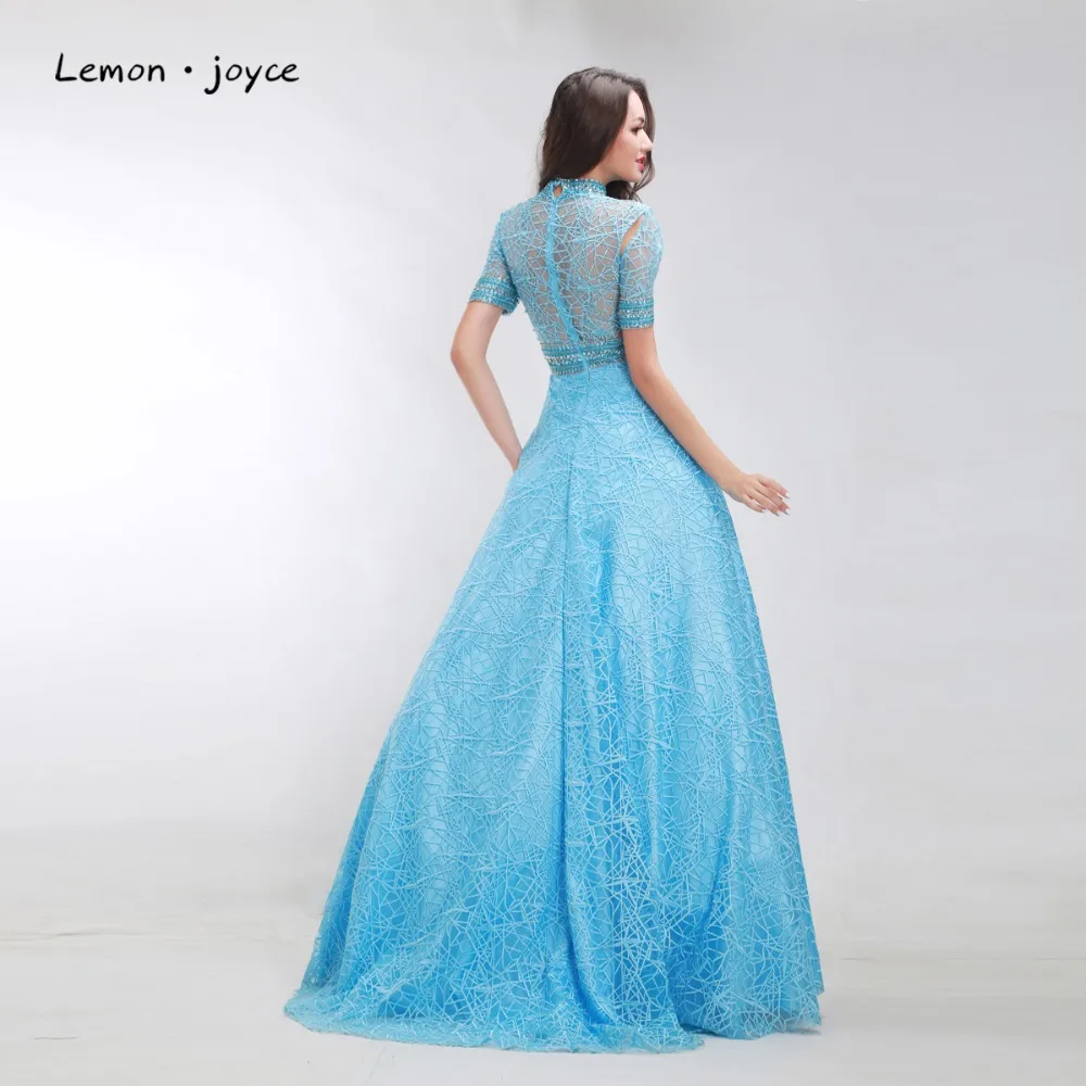 Синие Выпускные платья 2020 с коротким рукавом иллюзия трапециевидные вечерние