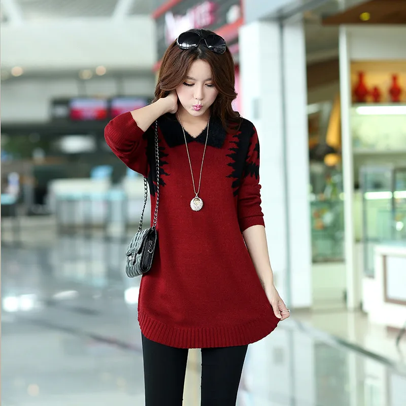 Turn-down collar sweater dress women plus size pullover medium-long print basic slim ropa mujer wool cashmere | Женская одежда