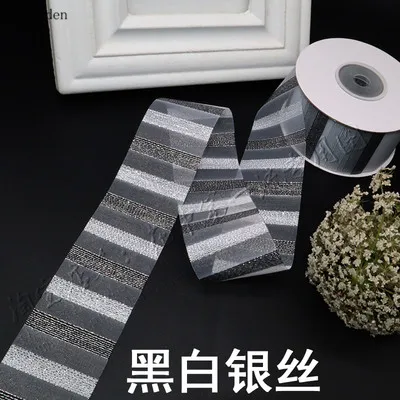 black white sliver Kewgarden Wholesale Rainbow Stripe Lace Snow Gauze Ribbons 38mm 1.5" Gold Sliver Line Handmade Tape DIY Bowknot Accessories 25Y - Цвет: black white sliver