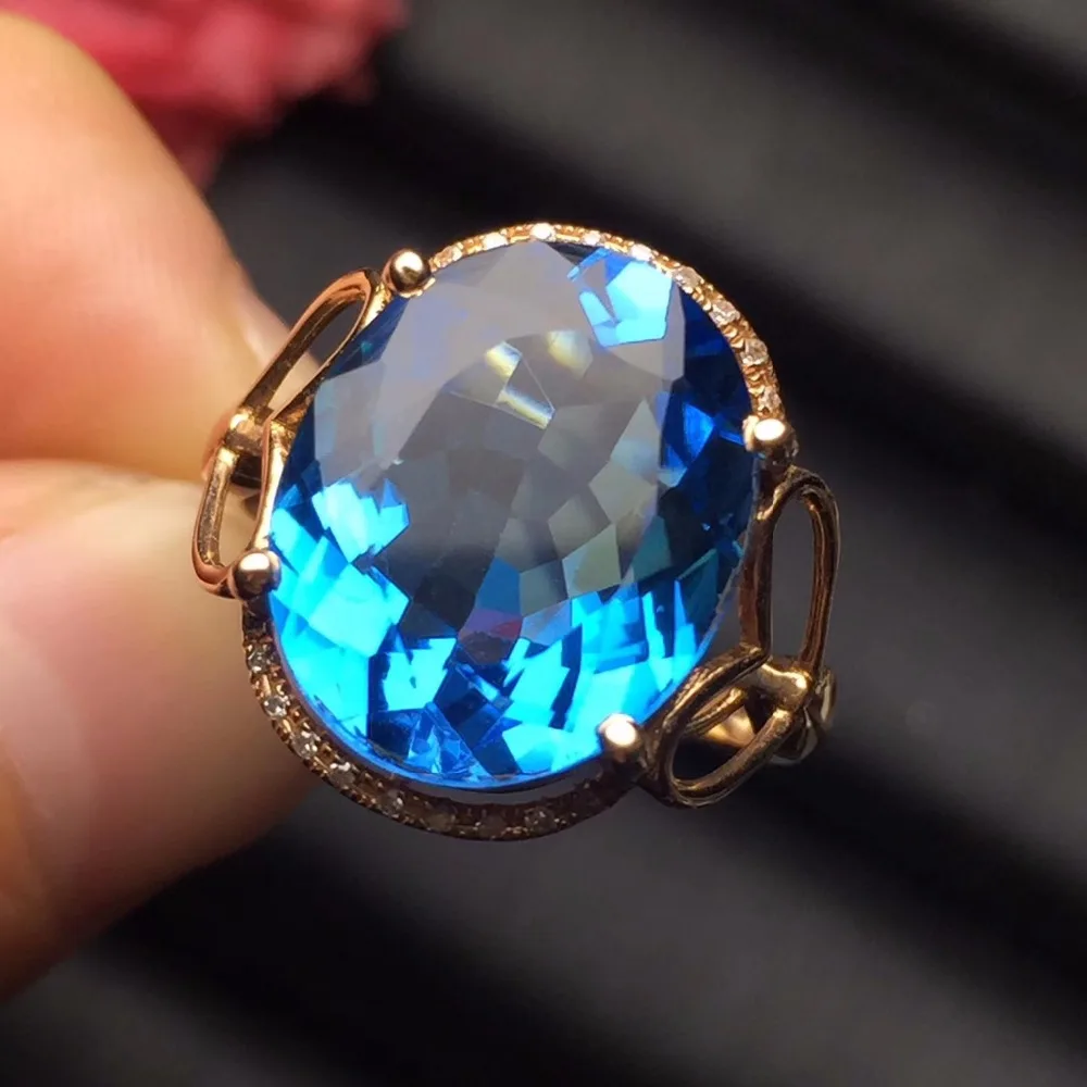 Fine Jewelry Trendy Real 18K Rose Gold AU750 100% Natural Blue Topaz Gemstones Female Rings for Women Ring | Украшения и