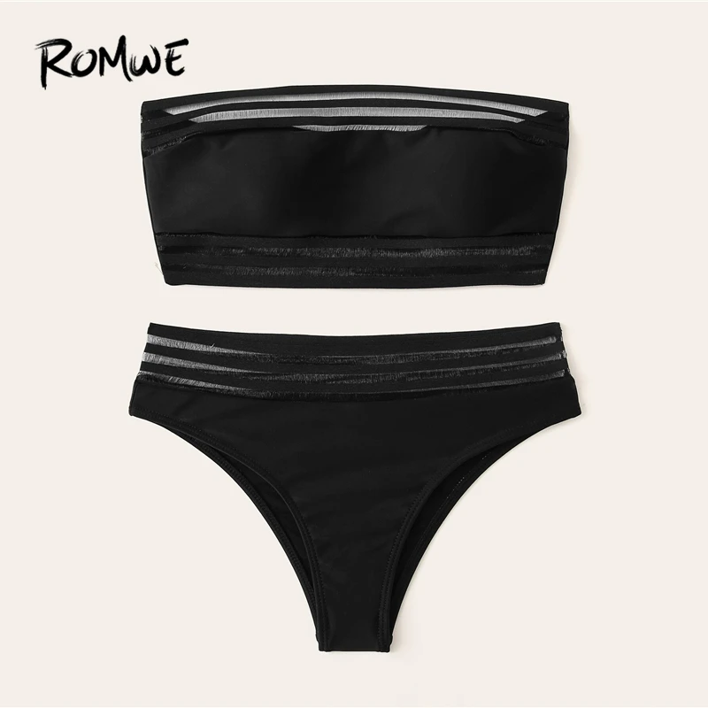 Romwe, спортивный, черный, сетчатый, Полоска, бандо, бикини, набор для женщин, лето, сексуальный, без косточек, купальник, пляжный, купальник для отдыха
