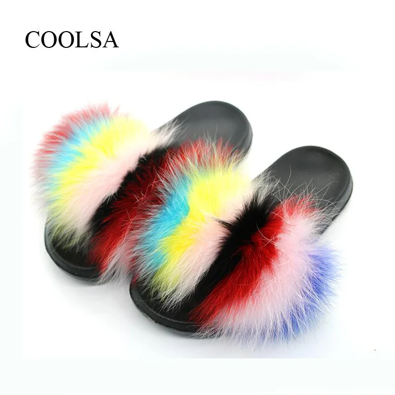 Rainbow1 COOLSA/женские шлепанцы из натурального Лисьего меха; женские летние домашние меховые тапочки; женские нескользящие теплые меховые плюшевые шлепанцы; Прямая - Цвет: Rainbow1