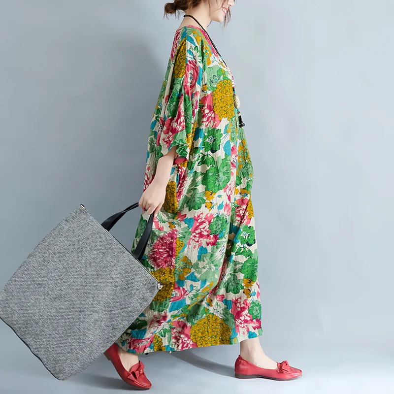 Женское платье макси с цветочным принтом винтажное хлопковое большого размера