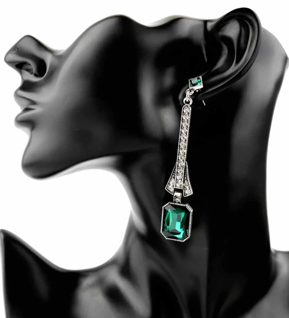 YaYi Green Glass White Rhinestone Long Dangle Earring Women's Fashion Ancient Silver Earrings gems For Women Girls | Украшения и