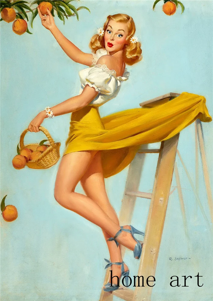 Декоративная стена с ярким принтом девушки с пин-ап-стилем на белом покрытом бумаге.