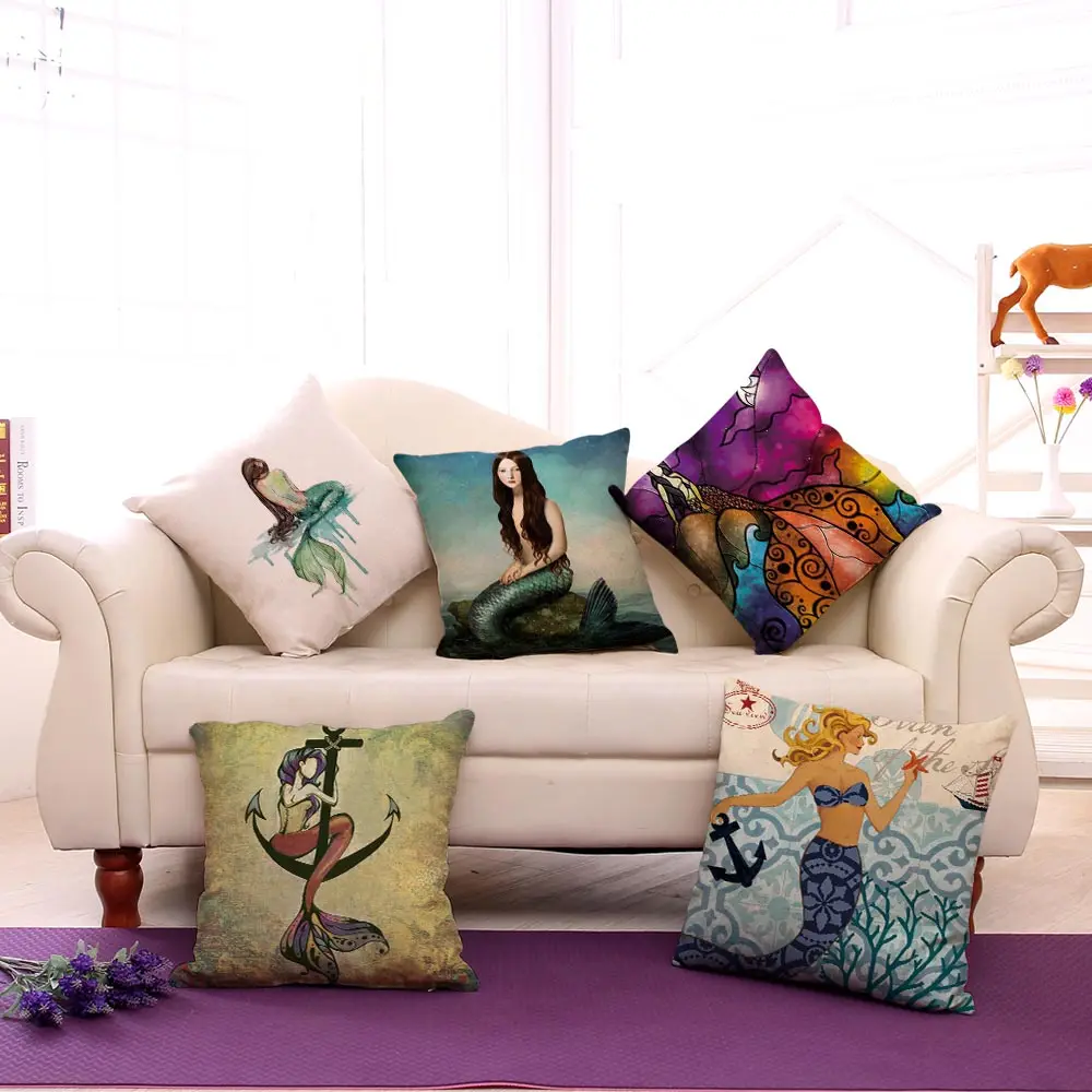 Декоративная наволочка Miracille в морском стиле с рисунком Русалочки чехол для