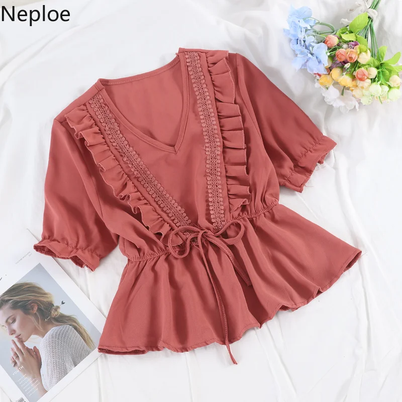 Neploe Лето 2019 женские топы милая девушка v образным вырезом Фонарь короткий рукав