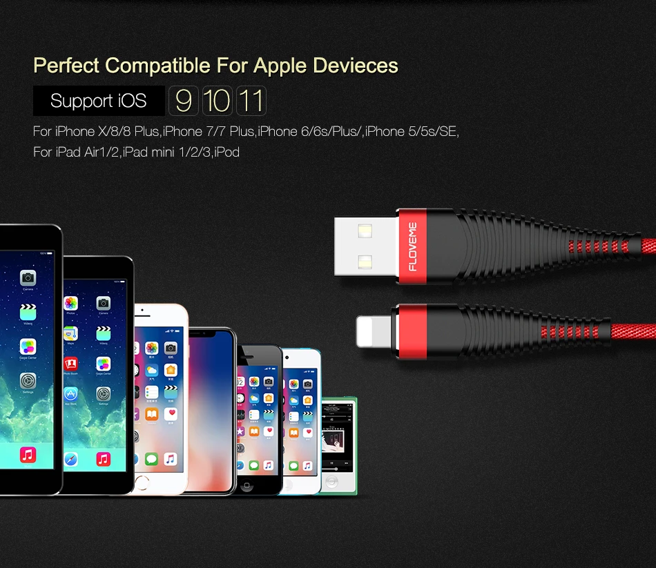 FLOVEME для кабель Lightning/USB высокая прочность 2A зарядки данных нейлоновая оплетка освещения кабель для iPhone iPad Зарядное устройство синхронизации кабели usb кабель зарядка для айфона