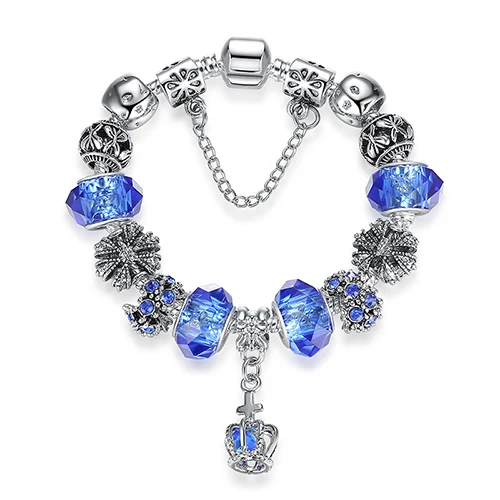 blue Серебряный браслет с подвеской в виде сердца для Дня матери, браслет для женщин, сделай сам, хрустальные и стеклянные бусины, подлинные ювелирные изделия - Окраска металла: blue