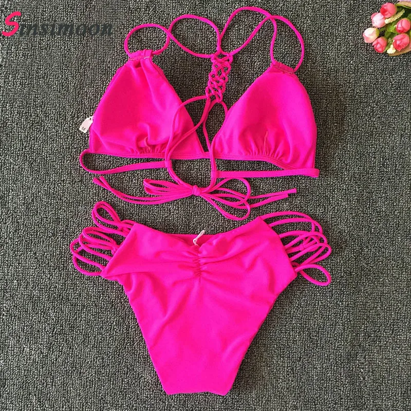 Женский трикотажный комплект бикини в клетку плетеные с подкладкой купальный