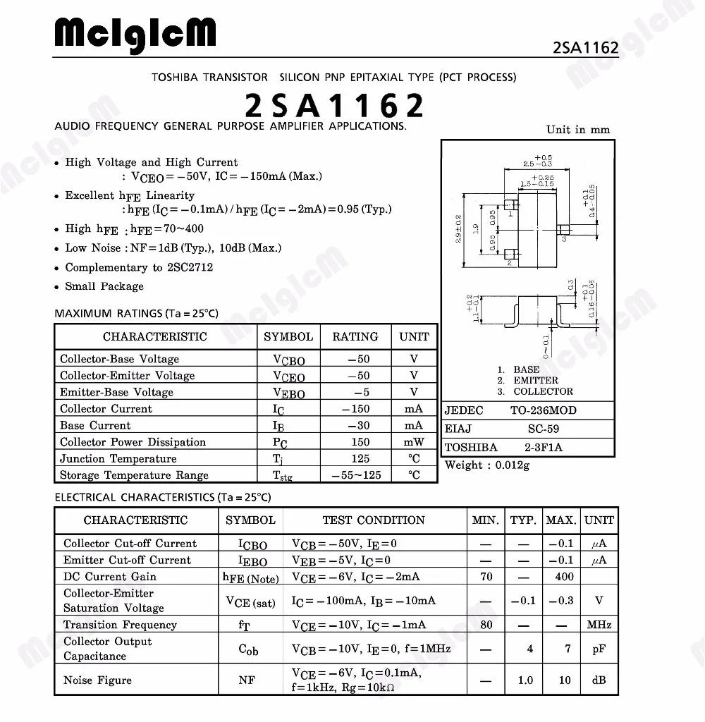 MCIGICM 100pcs 2SA1162 SOT 23 TRANS PNP 50V 0.15A S MINI|2sa1162|pnp |