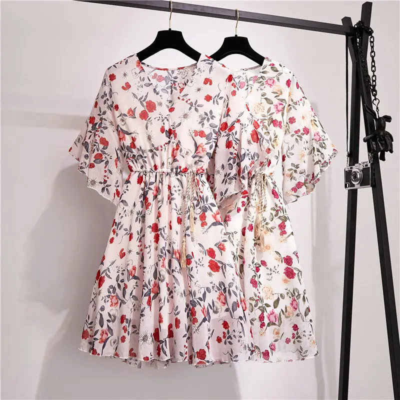 Женские платья летние короткий рукав шифон цветочный принт а-силуэт для женщин