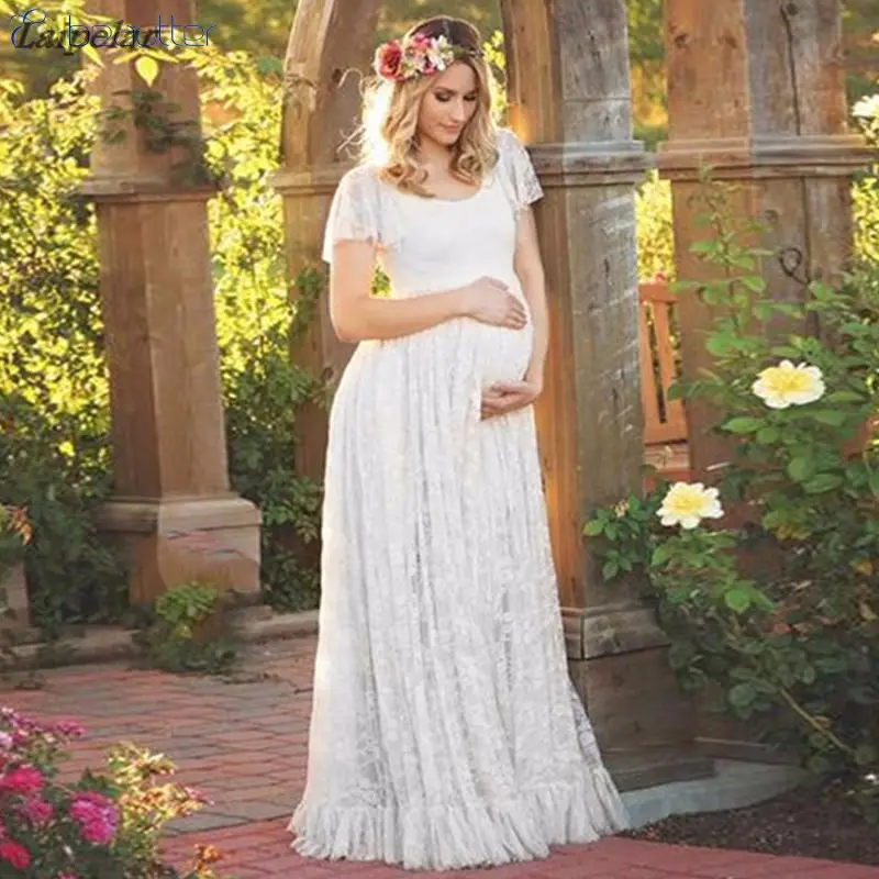 

Laipelar Pregnant Photo Shoot Dress Lotus Leaf Edge Short Sleeve Lace Summer Long Dresses For Maternity Women Photography Prop