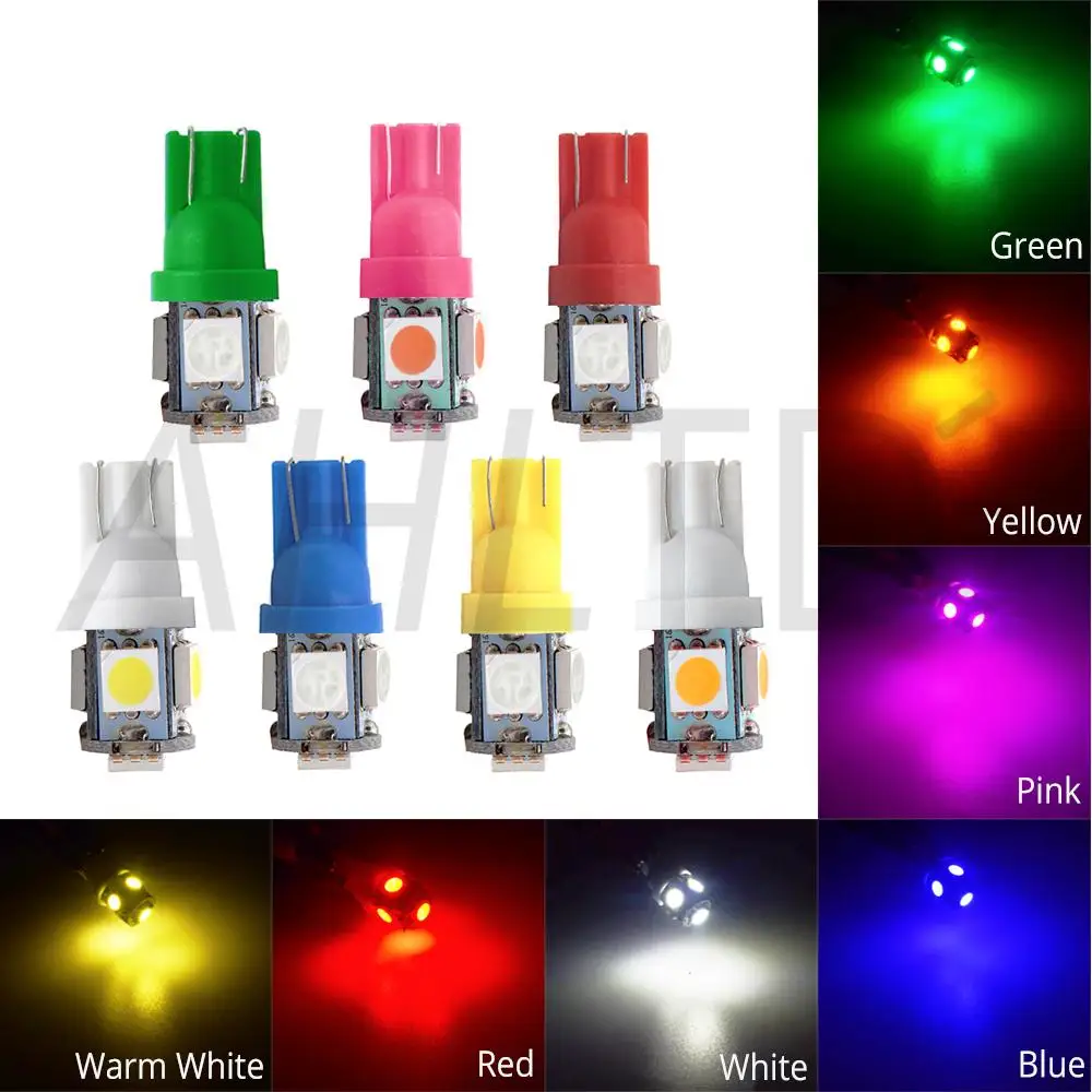 10 шт., Автомобильный светодиодный светильник T10 W5W 5050 5SMD, белый, красный, синий, клиновой светильник 168, 194, 192, DC 12 В, лампы для номерного знака, габаритный светильник, лампа для чтения, купольная лампа