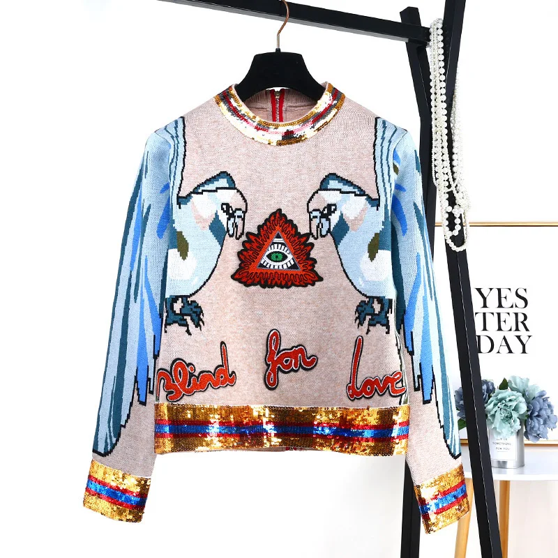 Runway Women Streetwear Sweaters Luxury Sequins Striped Female Embroidery Eyes Patchwork Jacquard Birds High Quality Jumper Tops | Женская