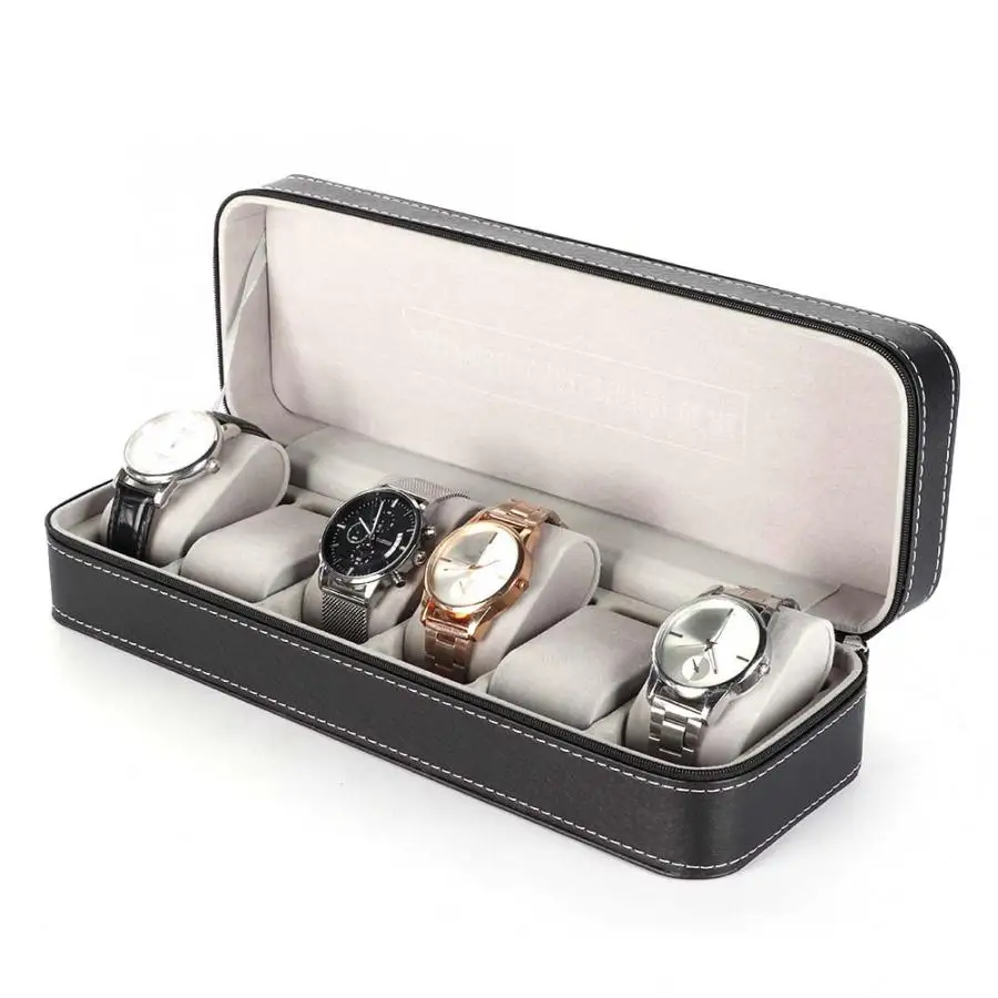 Стильный чехол на молнии с 6 слотами для хранения часов из искусственной кожи