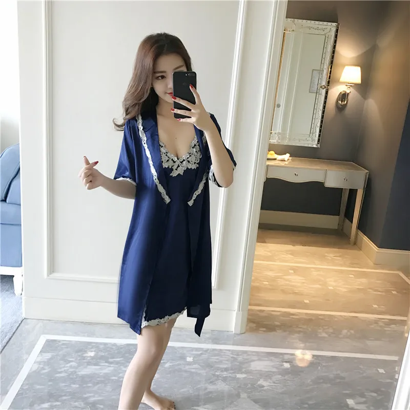 Брендовые пикантные для женщин домашняя одежда Халат + ночная рубашка из двух