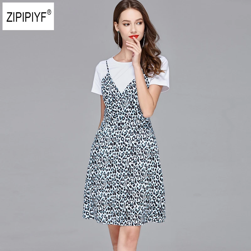 FASHION Mori Girl Summer Dress 2018 Leopard Print Vestidos Women Sexy Elegant Strap Casual 2 Sets with White T-shirt B1341 | Женская