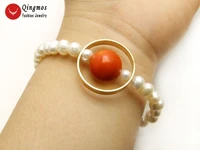 qingmos natural pearl bracelets for women with 6 7mm round white pearl 14mm orange coral bracelet fine jewelry 7 5 bra454