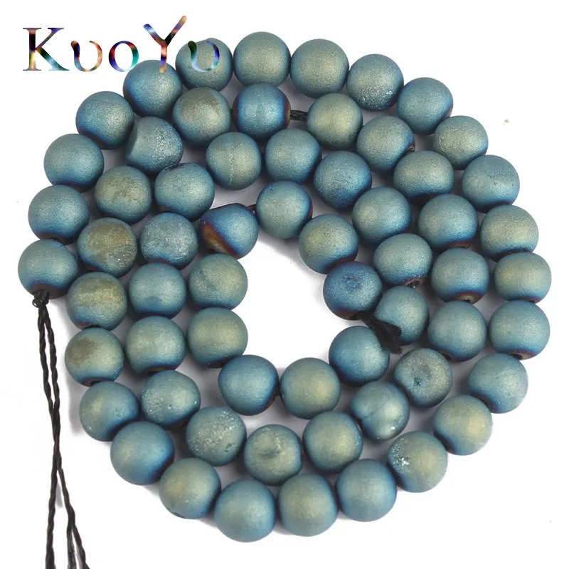 Blue Натуральный металлик покрытием друзы Агаты Оникс Круглый камень бусины для самостоятельного изготовления ювелирных изделий браслет ожерелье 1" дюймов 6/8/10 мм - Цвет: Blue