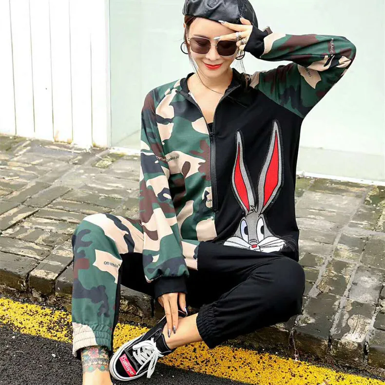 Tide brand women's 2019 autumn new hip hop wind cartoon beaded sequin stitching long sleeve large size jumpsuit trousers | Женская
