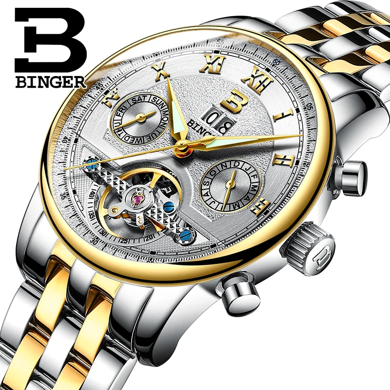 

Switzerland BINGER men's watch luxury brand Tourbillon multiple functions water resistant Mechanical Wristwatches B-8603M-7