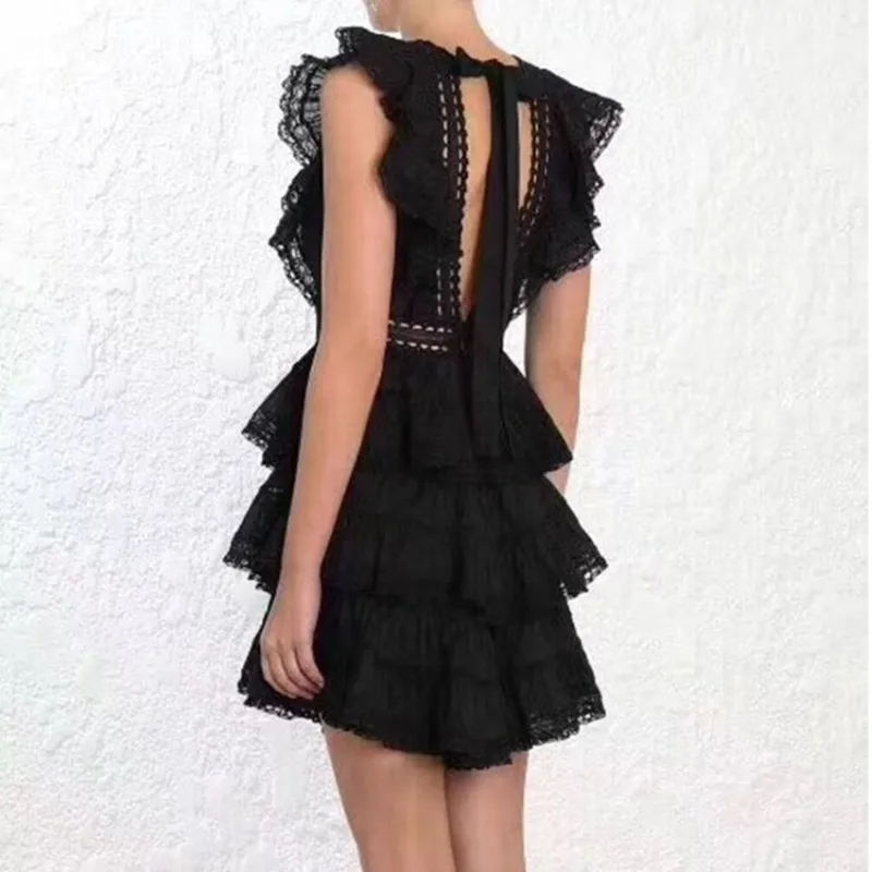 BLLOCUE 2019 High-end Luxury Runway Self Portrait Dresses Women Summer Sexy Backless Hollow Out Lace Sleeveless Ruffles Dress | Женская
