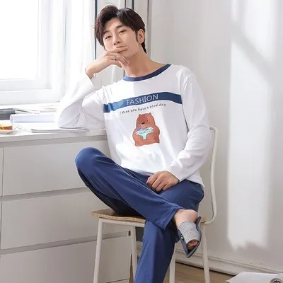 Cotton Pajama Men Пижамы для сна, мужские пижамы с длинными рукавами и круглым вырезом, одноцветная одежда для сна, пижамы для мужчин, зимняя Пижама для мужчин 4XL - Цвет: Cotton Pajama Men