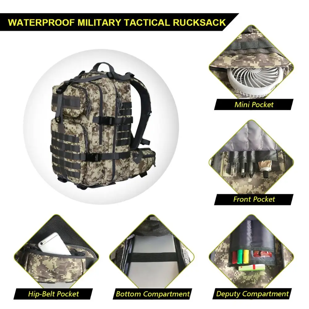 Vihir 40L Waterproof Military Tactical Backpack Assault Pack Molle Bug Out Bag for Outdoor Travel Hiking Camping Trekking | Спорт и