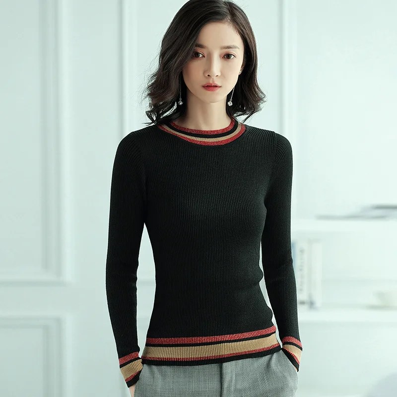 Autumn Knitted 2 Solid Color Long Sleeve Sweater Fashion Slim O Neck Basic Pullover | Женская одежда