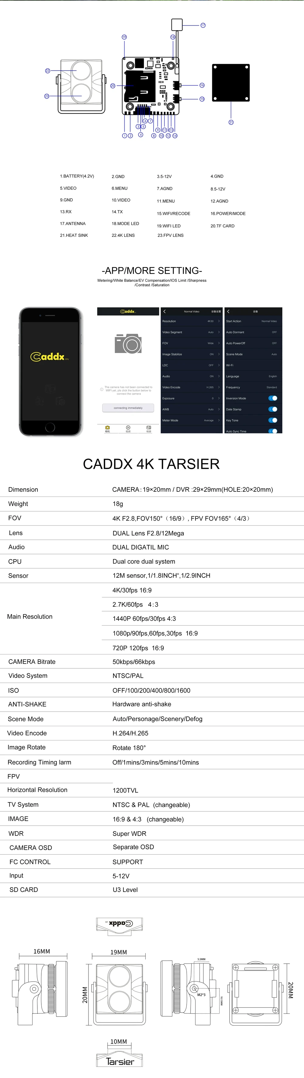 Caddx Tarsier V2 1200TVL 4K 30fps HD двойной объектив Super WDR WiFi FPV записывающая камера с DVR двойной аудио OSD для радиоуправляемого гоночного дрона
