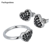 heart black stone stainless steel jewelry women earrings and ring set