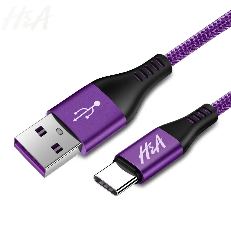 Фиолетовый Usb-кабель H& A 3A type-C 1 м 1,5 м 2 м для быстрой зарядки нейлоновый usb-кабель для синхронизации данных для мобильных телефонов Android type-C кабель для зарядки samsung - Цвет: Фиолетовый