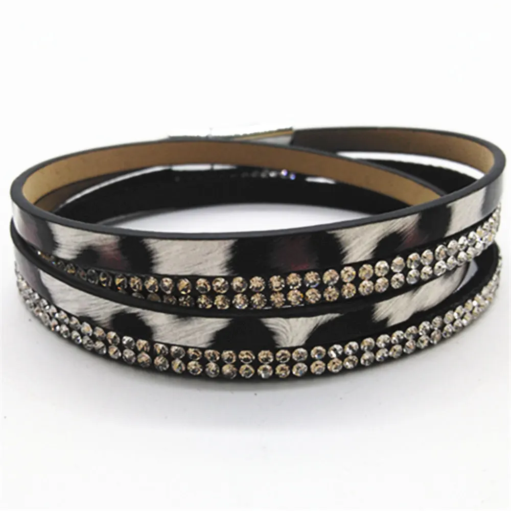 Leopard Rhinestone многослойные кожаные браслеты ручной работы женские модные манжеты