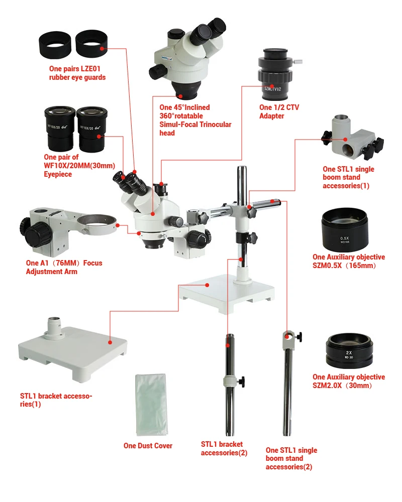 Lucky Zoom Brand 3.5X-90X Zoom 50/50 SPLIT SIMUL-FOCAL MICROSCOPE DOUBLE BOOM STAND TRINOCULAR STEREO ZOOM MICROSCOPE Set