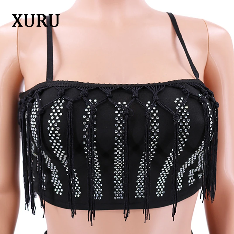 

XURU 2020 spring women's hot drilling dress two-piece strap sexy nightclub wrapped chest tassel dress diamond backless dress