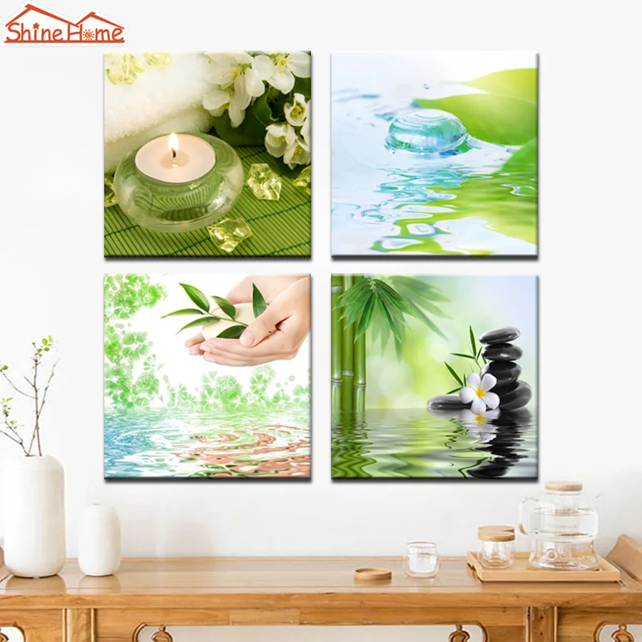 ShineHome-4pcs картины Отпечатки На Холсте Зеленый Модульные Стены Живопись Спа Ногтей