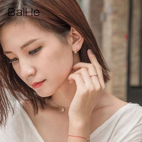 BAIHE Твердые 14 к желтое золото всего 0.30CT H/SI круглые натуральные бриллианты танцы Алмаз серьги Свадебные красивые короны серьги