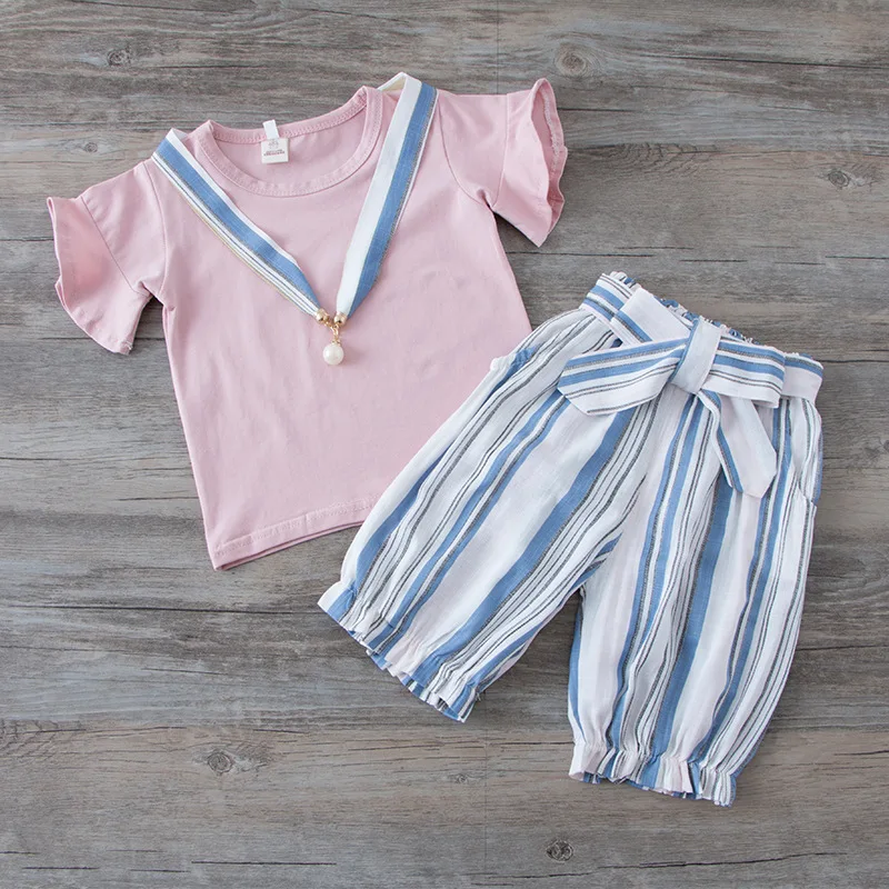 SHOWHASH Summer Baby Girl Clothes Kids Butterfly Short Sleeved Cute Sets T-shirt With Pearl + Stripped Bow Pants XA1002 | Детская одежда