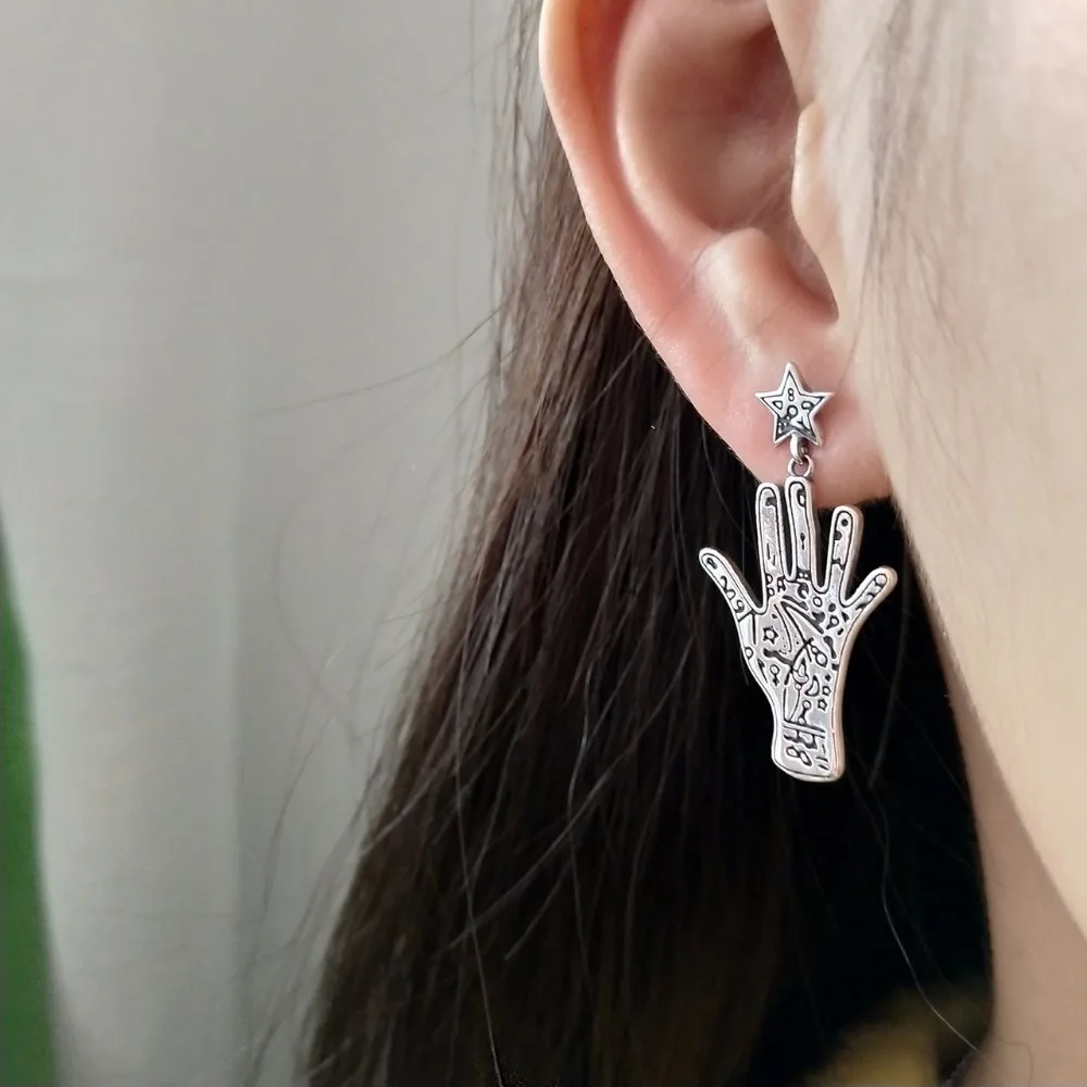 Fate palm asymmetric silver earrings 925 sterling fate line do old vintage design wild stud women jewelry | Украшения и